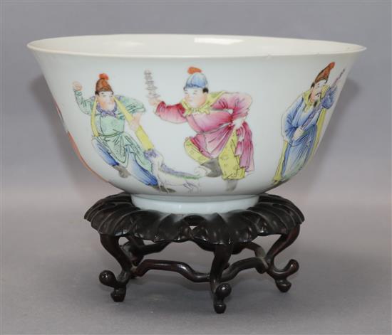 A Chinese famille rose bowl, Qianlong mark but early 20th century diameter 17.5cm, wood stand